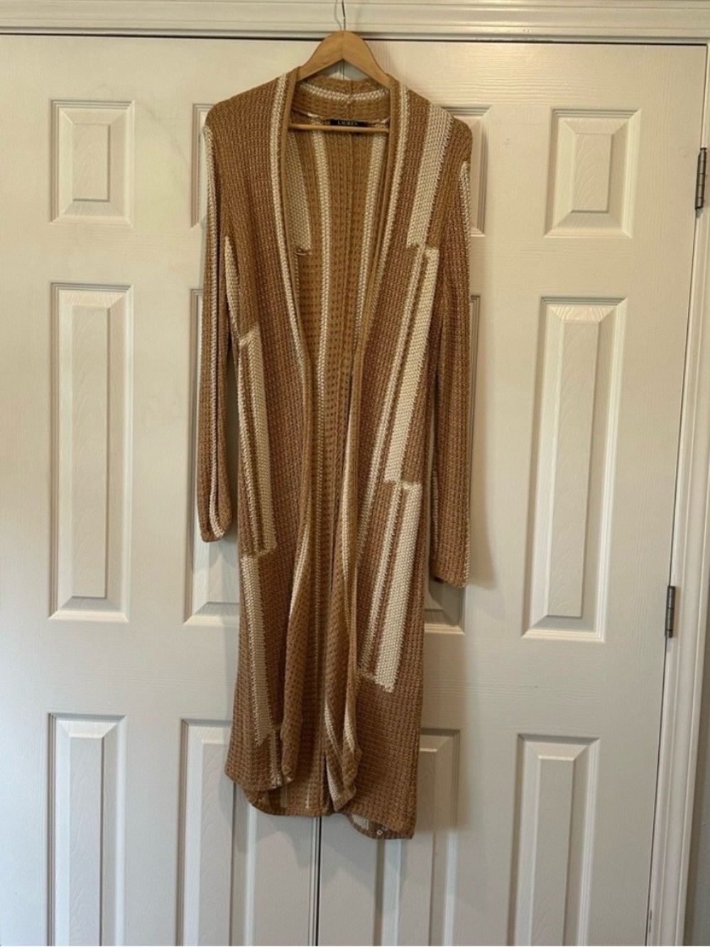 Lauren Ralph Lauren Linen Cotton Blend Long Open Cardigan L Camel Ivory